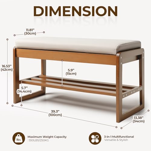 Shoe Rack Bench with Cushion, 2-Tier Entryway Bench with Storage for Front Entrance, Hallway Living Room Bedroom (Brown, 39.4") - Image 2