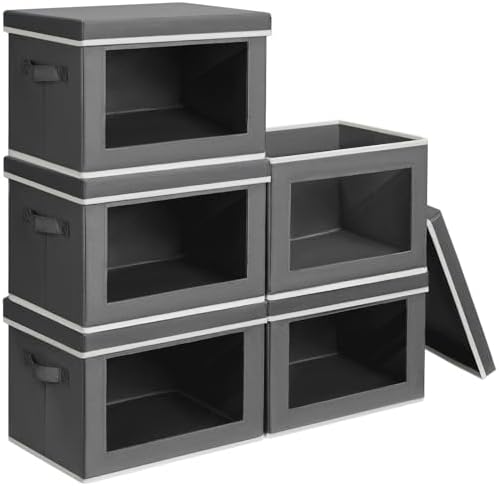 Homsorout Stackable Storage Bins with Lids - Large Decorative Basket with Lids, Fabric Foldable Closet Organizer Bins, Shelf Organizer for Living Room, Dorm, 5 Pack, Dark Grey by Homsorout