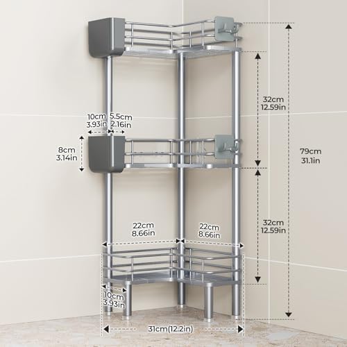 Orimade Rustproof 3 Tier Floor Standing Corner Shower Caddy Organizer with Toothbrush Holder, Large Spacing Floor Shower Shelf Rack Storage Stands with Hooks for Bathroom Kitchen, Silver - Image 2