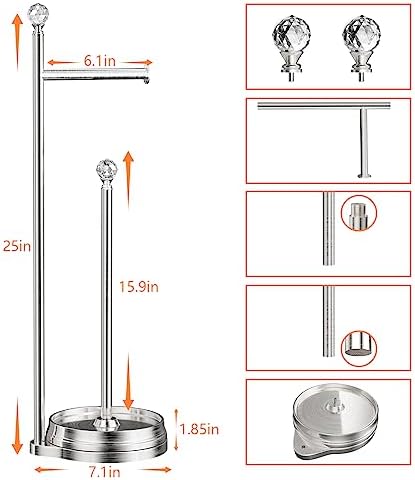 KASUNTO Toilet Paper Holder for Bathroom, Heavy Weighted Metal Free Standing Toilet Paper Holder Stand with Crystal Ball, Toilet Paper Roll Stand for Bathroom Accessories（Brushed Nickel） - Image 2