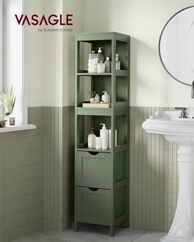 VASAGLE Bathroom Floor Cabinet, 2 Drawers, 55.7" H, Forest Green - Image 4