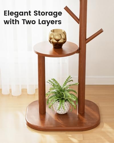 Pipishell Solid Wood Freestanding Coat Rack with 8 Hooks & Shelves, Brown - Image 3