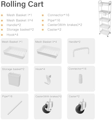 5 Tier Rolling Utility Cart with Handle,REBECAT Utility Cart Made of Multifunctional Storage Organizer Tool for Kitchen,Bathroom,Living Room,Office(White) - Image 4