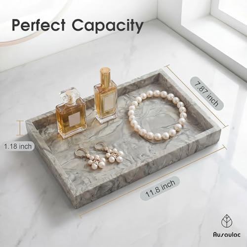 Natural Marble Tray Heavyweight Stone Vanity Tray for Bathroom Countertop, Coffee Table & Dresser - Handcrafted Rectangular Organizer (Gray X, 12" x 8" x 1.2") - Image 2