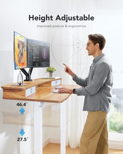 HUANUO 48″ x 24″ Electric Standing Desk with 2 Drawers, C-Clamp Mount Compatible, Height Adjustable Computer Desk, Home Office Stand Up Desk with 4 Preset Heights & 2 Hooks, Light Vintage - Image 6