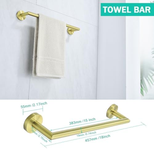 Towel Bar Set 4-Pieces Brushed Gold Bathroom Hardware Set, 18 Inch Stainless Steel Towel Rack Kit,Towel Rod Coat Hook and Toilet Paper Holder Wall Mounted Bathroom Accessories Set - Image 2