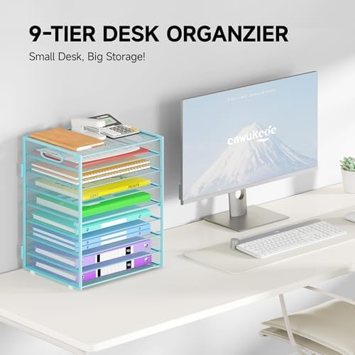 Cawukege 9 Tier Paper Organizer with Handle, Large Capacity Desk Organizer Mesh File Folder Letter Paper Tray Desktop Document Sorter for Classroom, School, and Office Accessories Organization- Blue - Image 2