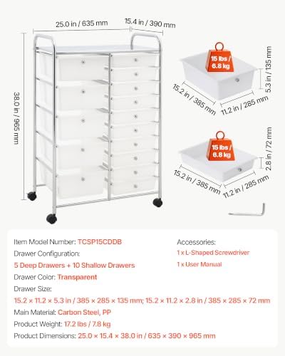 VEVOR Rolling Cart with Drawers, Double Row 15 Drawer Storage Organizer, Mobile Utility Cart with Chrome Steel Frame, Universal Casters & 2 Brakes, for Office, Classroom, Craft Room, Studio, Garage - Image 7