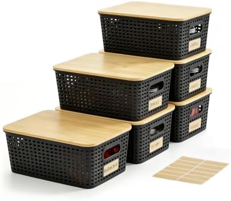 Bagnizer Small Plastic Storage Bins with Bamboo Lids 5.2qt Stackable Box Basket Pantry Decorative Containers Cute with Lable for Organizing Desktop Closet Office Black of 6 packs 10 * 7.2 * 4.1" by Bagnizer