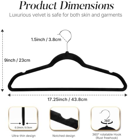 HOUSE DAY Black Velvet Hangers 50 Pack, Non Slip Clothes Hangers 17.25 inch - Image 6