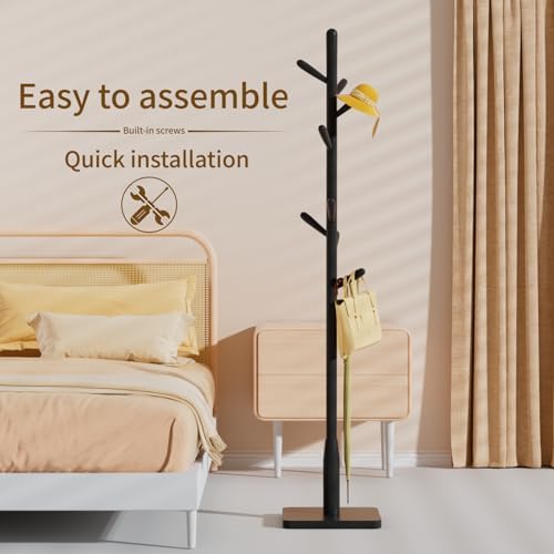 Solid Wood Square Base Coat Rack, Free Standing Hall Coat Tree with 8 Hooks（+2 spare for Coats, Hats, Bags, Purses, for Entryway, Hallway, Rubberwood Hooks,Base and Pole,(Square Base, Black) - Image 4