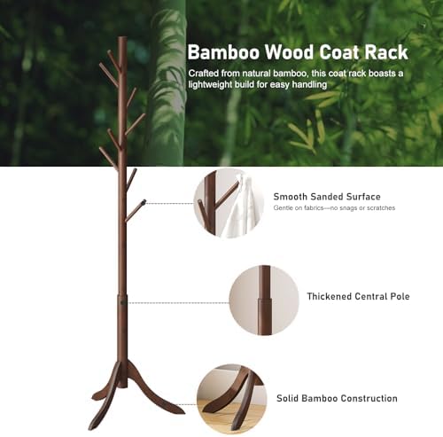 kiplant Bamboo Wood Coat Rack Stand, Freestanding Coat Tree with 8 Hooks, Hallway Entryway Hat Hanger Organizer Standing for Bedroom, Office, Clothes, Jackets, Bags, Umbrallas - Image 2