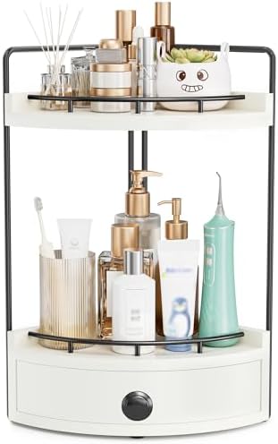 2-Tier Corner Bathroom Counter Organizer with Drawer, White by Unknown