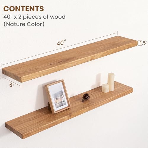 Floating Shelves for Wall, 40"Wx8"D Rustic Solid Elm Wood Floating Shelves Wall Mounted, Round Edge Wall Shelves with Invisible Bracket for Living Room Bathroom Bedroom Kitchen, Set of 2, Natural - Image 2