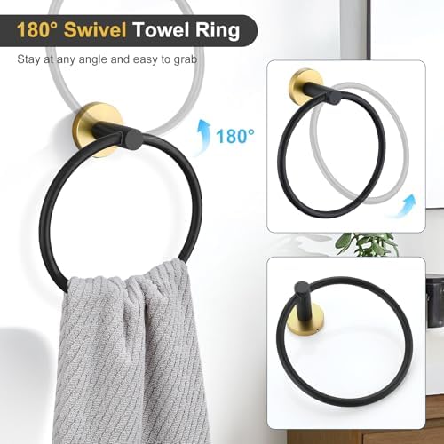 TQKAG Black and Gold Bathroom Hardware Accessories Set 10-Pieces, Premium SUS304 Stainless Steel Bathroom Towel Bar Holder Set 23.6 Inch Round Towel Racks for Bathroom Wall Mounted - Image 5
