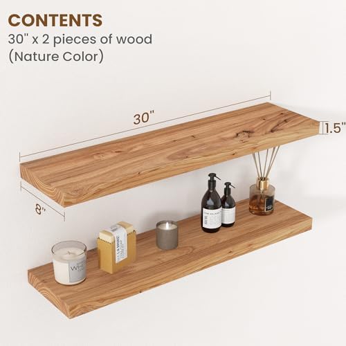 Floating Shelves for Wall Decor, 8" Deep Rustic Solid Elm Wood Floating Shelves Wall Mounted, Wall Shelves with Invisible Bracket for Living Room Bathroom Bedroom Kitchen, 30 Inch Set of 2, Natural - Image 2