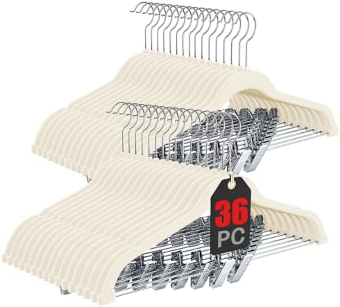 Korpai 36-Pack Beige Velvet Hangers with Clips Adjustable,Adult Hangers,Outfit Hanger,Heavy-Duty,Felt,Non-Slip,Space Saving, for Pants, Skirts, Suits,Coats, Dresses ect. by DoWhatYouWanttoDo