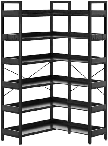 KOUSEI 6 Tier Bookshelf, L Shaped Corner Bookcase, 69 Inch, Black - Image 4
