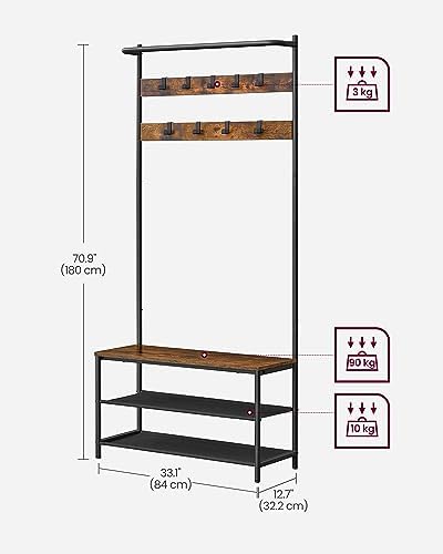 VASAGLE Hall Tree with Bench and Shoe Storage, 9 Movable Hooks, Top Bar - Image 6