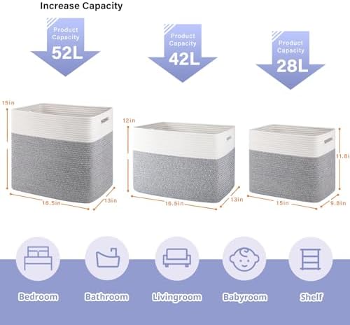 OIAHOMY 2 PACK Tall Storage baskets 42L Blanket Basket Living Room Grey - Image 2
