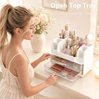 Makeup Organizer for Vanity with Brush Holder, Countertop Bathroom Cosmetic Organizer Skin Care Storage, Large Easy to Store Lipsticks, Nail Polishes, Perfumes, Eyeshadow Palettes (White) - Image 5