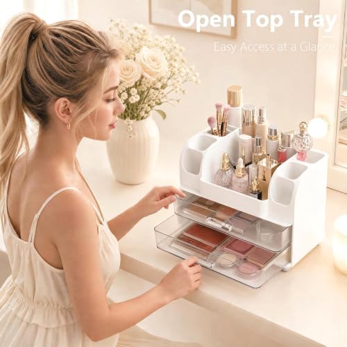 Makeup Organizer for Vanity with Brush Holder, Countertop Bathroom Cosmetic Organizer Skin Care Storage, Large Easy to Store Lipsticks, Nail Polishes, Perfumes, Eyeshadow Palettes (White) - Image 5