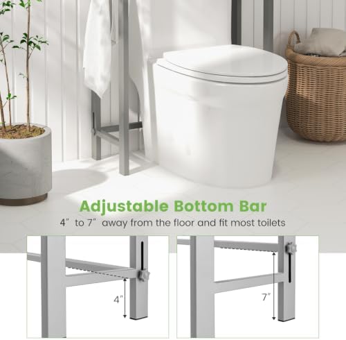 GIANTEX Over The Toilet Storage Shelf, 3-Tier Freestanding Space Saver Above Toilet Shelves with 3 Hooks & Adjustable Bottom Bar, Over Toilet Bathroom Organizer for Restroom, Laundry (Gray) - Image 7
