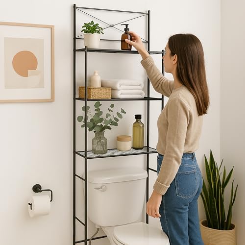 Zenna Home Over the Toilet Storage Shelf Space Saver, Behind Toilet Bathroom Organizer and Storage, Metal Bathroom Organizer with 3 Shelves, Black - Image 2