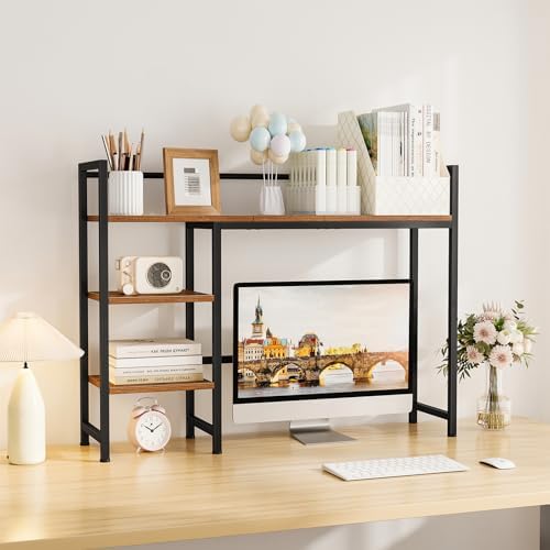 Snughome Desk Shelf, 38.6" Desktop Organizer Shelf, Desk Hutch for Computer Monitor, 4 Tier Desk Display Rack, Wood Desktop Bookshelf Storage Rack for Home Office Dorm, Rustic Brown - Image 2