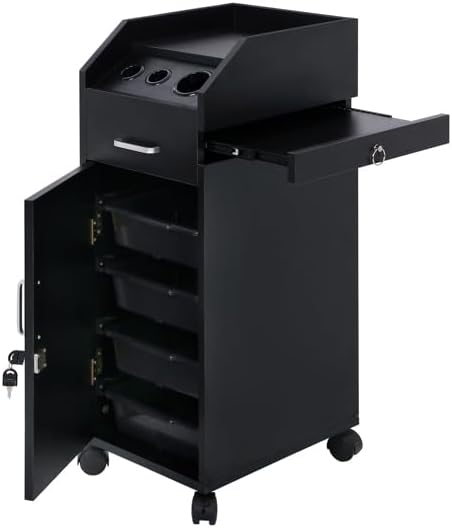 Hair Salon Storage Cart with Wheels & 3 Hair Dryer Holders & 4 Drawers & Lock & 2 Keys, Hairdressing Tools Station Mobile Makeup Case (Black) - Image 6
