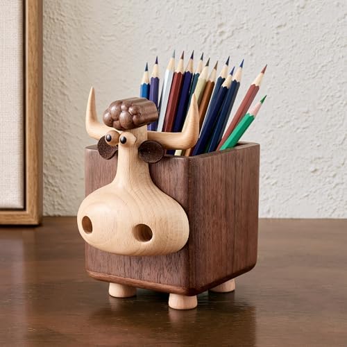Wood Pencil Holder Cute Pen Holder Bull Desk Organizer Makeup Brush Holder by Unknown