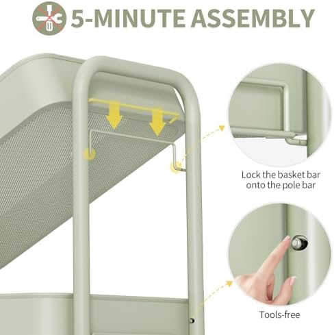 TOOLF 3 Tier Rolling Cart, Metal Utility Storage Cart with Pegboard, Green - Image 4