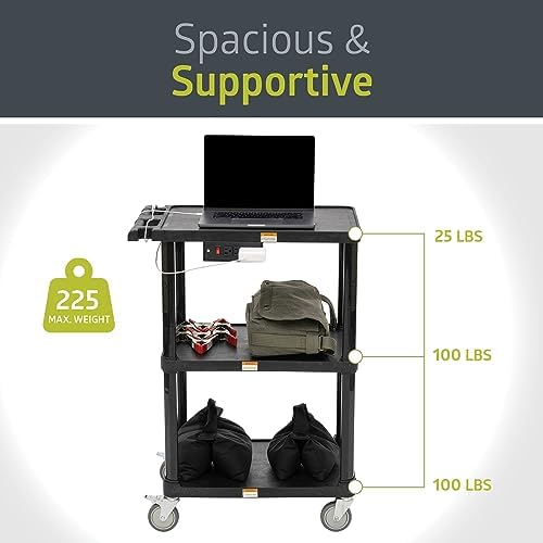 Pearington 3-Shelf Mobile Utility Cart with 3 Outlets and 8' Cord, Heavy-Duty Service Cart for Offices and Warehouses with 3 Shelves, Black, 2 Pack - Image 5