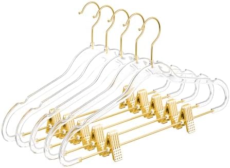 MIZGI Slim Clear Gold Pants & Skirt Hangers (20 Pack) – Adjustable Clips & Hooks, Transparent Non-Felt, Space-Saving for Dresses, Shirts, Blouses by MIZGI