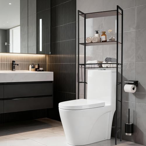 Over The Toilet Storage Rack, 3-Tier Bathroom Organizer Shelf with Toilet Paper Holder & 3 Hooks, Freestanding Metal Over Toilet Storage Shelves for Small Bathroom Spaces, Brown - Image 2