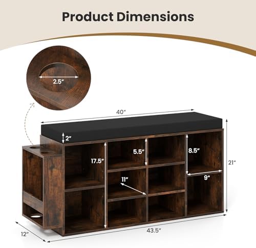 GIANTEX Shoe Storage Bench with Umbrella Stand, 10-Cubby Entryway Shoe Rack Organizer with Padded Seat, Adjustable & Removable Shelves for Hallway, Living Room & Bedroom (Rustic Brown) - Image 2