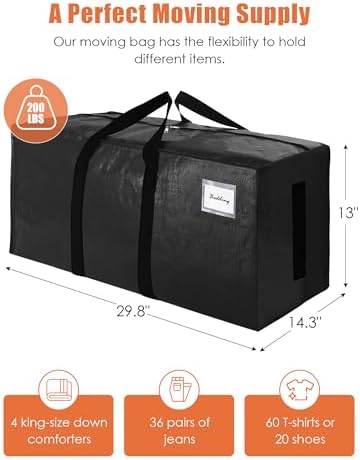 SWEET DOLPHIN 8 Pack 200LB Heavy-Duty Moving Bags with Wrap-Around Handles, Extra Large Storage Totes for Space Saving, Clothes Storage Bags, College Dorm Essentials, Black, 24 Gal - Image 4