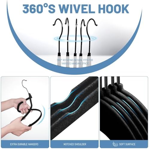 HOUSE DAY Black Velvet Hangers 60 Pack, Non Slip Felt Hanger, Slim Velvet Clothes Hangers for Suits, Shirt, Heavy Duty Coat Hanger for Closet - Image 5
