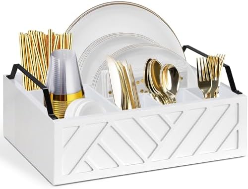 Ukonvi Paper Plate Dispenser and Holder for Kitchen Counter, Wood Rustic Silverware Utensil Caddy, Cutlery Flatware Organizer Box for Cups Spoons Forks Napkins, Kitchen Accessories by Ukonvi