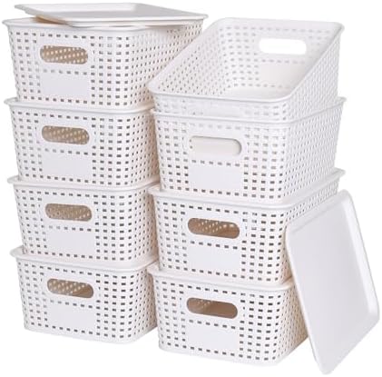 Ohmlove 8 Pack Plastic Storage Baskets with Lids for Organization by OHMLOVE