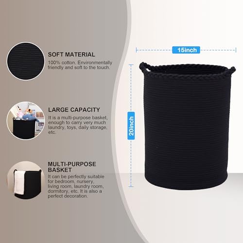 58L Woven Laundry Basket,Cotton Tall Laundry Hamper for Blankets,Clothes,Pillows,Toys,Shoes Large Laundry Bin Black - Image 3