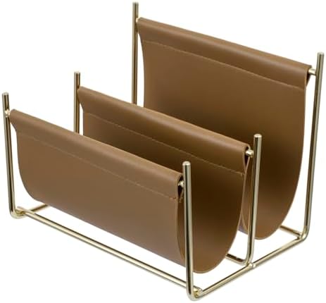 MyGift 2 Slot Modern Mail Holder, Deluxe Brass Tone Metal and Toffee Brown Leatherette Sling Entryway or Desktop Tabletop Letter Sorter by MyGiftHome