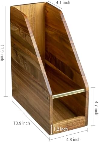 MyGift Premium Hotel Series Solid Acacia Wood Desktop Magazine File Holder Bin with Brass Tone Metal Accent, Vertical Office Desk Document Folder Binder Storage Organizer Rack - Image 5