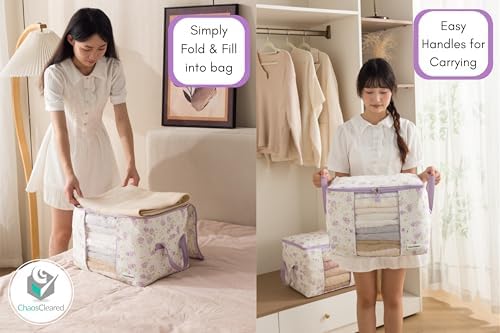 Chaos Cleared Canvas Storage Bags Designer Organizer 2 Pack – Seasonal Storage for Sweaters, Blankets, Linens & Garments – Foldable Design with Zip & Window (Purple Floral Print) - Image 3