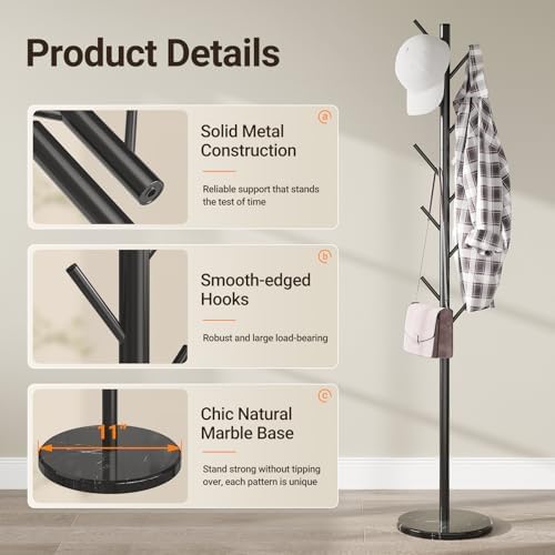 ELYKEN Coat Rack Freestanding, Metal Coat Rack with Natural Marble Base - Image 4