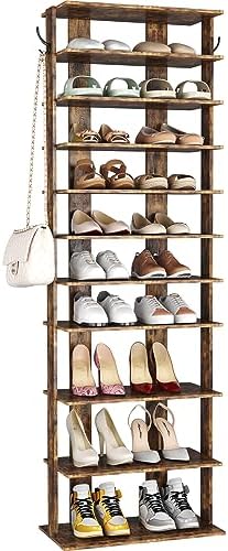 HOMEFORT 10-Tier Vertical Shoe Rack, Corner Shoe Tower, Double Rows 10 Tiers Shoe Shelf, Slim Shoe Storage Unit for 20 Pairs of Shoes, Shoe Stand for Entryway, Hallway, Closet (Rustic Brown) by HOMEFORT