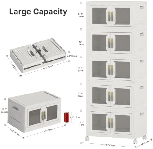 UAMFURI Stackable Storage Bins with Lids, Clear Doors, Large Storage Cabinet Foldable Collapsible Closet Organizers for Bedroom Dorm Office (5, White, 48, Quarts) - Image 2