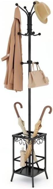 Hoctieon Coat Rack Freestanding, Coat Tree with Umbrella Holder, Metal Coat Rack Stand with 12 Hooks, Standing Coat Hanger Stand, Umbrella Stand for Entryway, Hat Rack Stand for Home Office, Black - Image 4