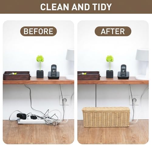 2 Pcs Rattan Cable Management Box, Large Cord Organizer Box with Lid Under Desk Router Hider with 4 Exits, Wire Boxes Hider for TV Wires Computer Surge Protector USB Hub Power Strip(Natural) - Image 3