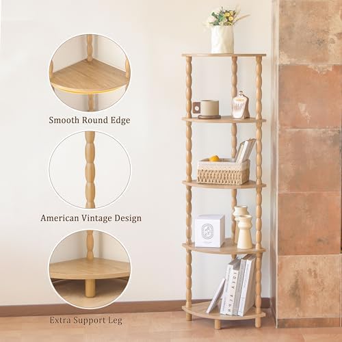 MaxSmeo Corner Bookshelf, 5-Tier Corner Shelf Stand, Modern Corner Plant Shelves with Storage, for Bedroom, Bathroom, Kitchen, Living Room (Rustic Walnut) - Image 4